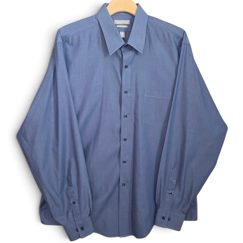 Van Heusen Mens Dress Shirt 17.5 36/37 Fitted Long Sleeve Blue Wrinkle Free